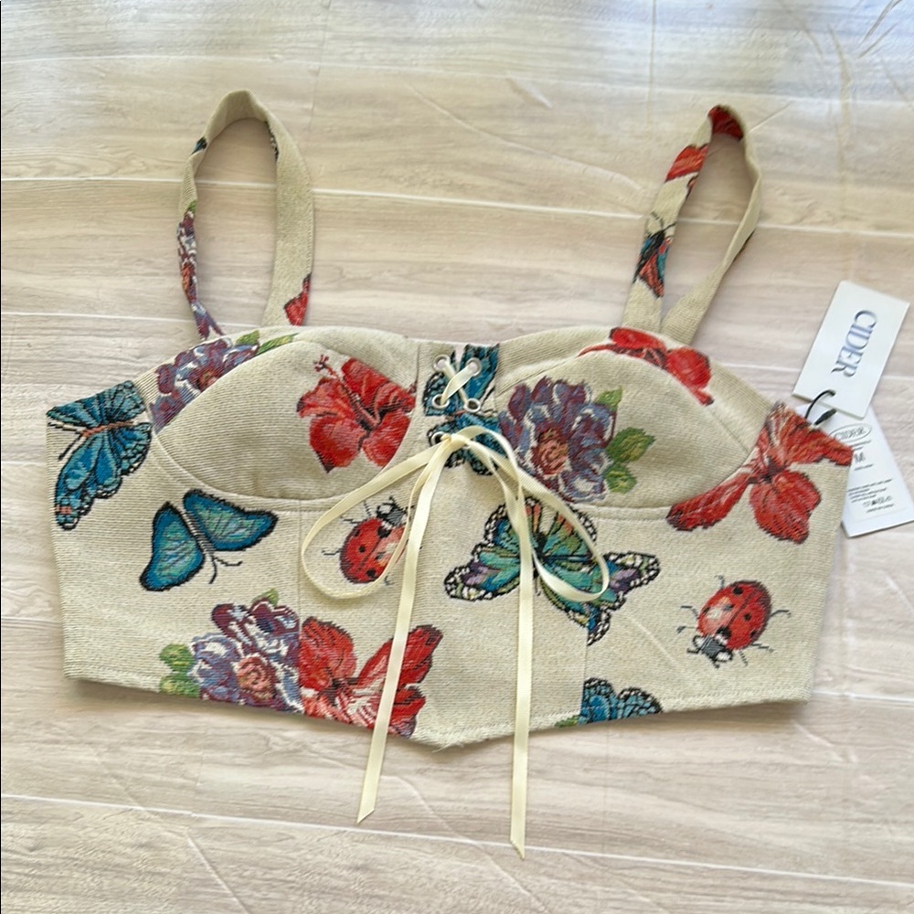 Cider Butterfly and Floral Lace-Up Top